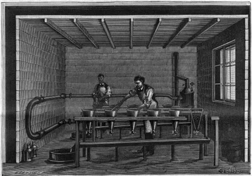 Manufacture of Vaseline. Arrangement of a filtration unit on the black animal. Engraving from 1885.
