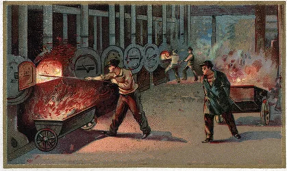 Manufacture of lighting gas: loading of cornu. Chromolithography of the late 19th century