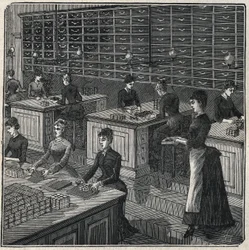 Manufacture of metal feathers: sorting and wrapping feathers in a factory in France in the 19th century. Engraving from 1885 in 