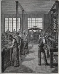 Manufacture of pen holder and pencil holder. Engraving from 1885 in 