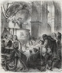 Marie de Rabutin-Chantal, Marquise of Sevigne known as Madame de Sevigne (1626-1696), listening to Louis Bourdaloue (1632-1704) French at the church of Jesuits, Saint-Louis in Paris - engraving of 1866