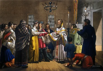 Marriage of Russian Peasants Celebrated According to the Orthodox Rite