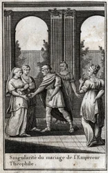 Marriage of the Byzantine Emperor Theophile (813-842): having united the most beautiful women in the kingdom to find a wife, he chose Theodora and offered her a golden apple. Engraving in 