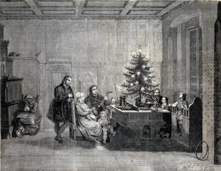 Martin Luther (1483-1546) German religious reformer celebrating Christmas with the family. Engraving of the 19th century