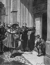 Martin Luther (1483-1546) hanging his 95 theses in Wittenberg