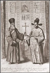 Matteo Ricci (left) and Paul Ly (right) in Chinese costume - in "The Embassy of the Oriental Company of the United Provinces towards the Emperor of China, or Grand Cam of Tartaria" by Pierre de Goyer and Jacob de Keyser. Publishing in Leiden in 1665.