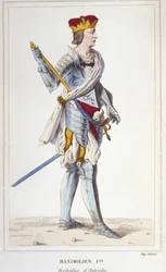 Maximilian I (of Habsburg). Archduke of Austria, King of the Romans and Germanic Emperor (1459 - 1519). Engraving from 1830