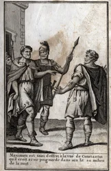 Maximian Hercules (Marcus Aurelius Valerius Maximianus) (circa 250-310), Roman emperor, is seized with fear at the sight of Constantine (Constantine I, Flavius Valerius Aurelius Constantinus, 272-306), his son-in-law, whom he thinks he stabbed in his bed