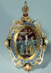Medallion in email on round gold decorates crucifixion and flight to Egypt