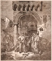 Merchant Cooking Pasta in a Saucepan, Italian Scene