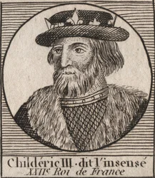 Merovingian Dynasty: Portrait of Childeric III (714-755) King of the Franks - engraving from “Instruction sur l
