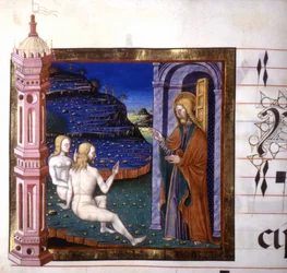 Miniature depicting the creation of Adam and Eve by God. Antiphonary. 15th century