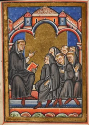 Miniature of Cuthbert Teaching the Monks in the Monastery of Lindisfarne, from Chapter 16 of Bede