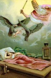 Miraculous birth of Zarathustra, Iranian prophet and religious reformer. Chromolithograph of the 19th century
