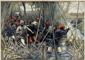 Marchand Mission (1896-1899) to Fashoda (Sudan): the French Captain Baratier (1864-1917) and his troops advancing through the marsh towards Fashoda. (According to Captain Baratier