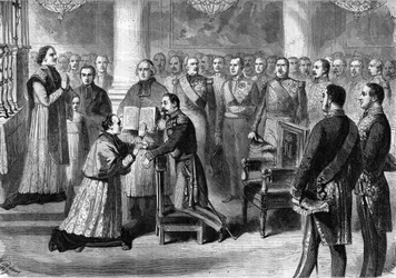 Monsignor Georges Darboy (1813-1871) archbishop of Paris taking an oath in the hands of Napoleon III at the chapel of the Tuileries in 1863.