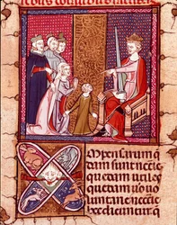 Mother and child appearing before a king, representative of Justice. Miniature from 