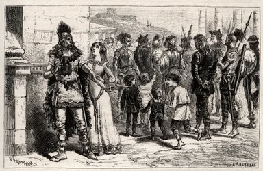 Moved to this sad spectacle, Theodechilde (daughter of Thierry I) application life and freedom of the captive - engraving in Les Femmes Illustres De La France by Oscar Havard - 1886