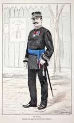 Mr. Roudil, peace officer of the car service. Eau forte en couleurs, for illustration History of the corps des gardiens de la paix book published under the auspices of Louis Lepine, by Alfred Rey and Louis.