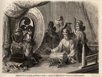 Musicians of the pontifical chapel in Kyoto (or Kioto), playing five sacred instruments, flute traversiere and flute of pan, marine conch, timpani and kakdaiko, the original gong. Engraving to illustrate the voyage to Japan in 1863-1864, by Aime Humbert