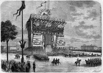 Nasir Al-Din Shah of Persia visiting Paris. Solemn reception at the roundabout of the triumph arch of the star