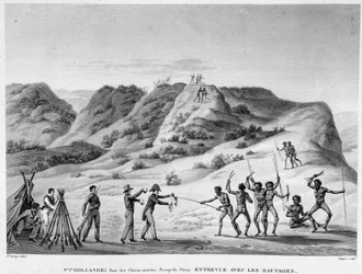 New Holland, Bay of Marine Dogs, Peron peninsula: interview with the Indians (encounter between Aborigines and settlers) - engraving, early 19th century