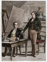 Niepce reading to Louis Daguerre the description of Heliography, for the fixing of pictures from camera obscura - Nicephore Niepce, French inventor, pioneer of photography reading to Daguerre the description of his method for the fixation of images