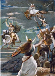 Nordic mythology: The Walkyries in Valhalla and the fall of warriors in battle. Chromolithograph of the 19th century