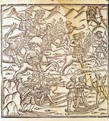 Norwegian Hunters Travelling on Skis and Reindeer. Engraving by Olaus Magnus, "Historia de Gentis Septentrionalibus"