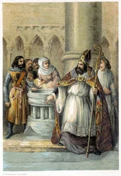 Notger (930 - 1008), bishop of Liege, during the baptism of Otto III (980-1002), King of Germany. Chromolithography of the 19th century