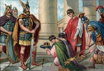 Odoacer, chief of the Herules, obliges the abdication of Romulus Augustulus, last Roman emperor of the west in 476. Chromolithography around 1890