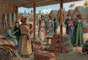 Old Shopping Malls: Fur Fair in Novgorod (Veliky Novgorod), Russia in the 19th century. Chromolithography of the late 19th century