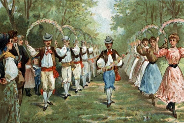 Old custom celebrated in the Languedoc region: the dance of the trellas. Chromolithography of the late 19th century