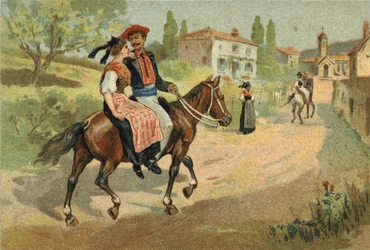 Old custom celebrated in the Provence region: the assembly of the Camarguais. Chromolithography of the late 19th century.