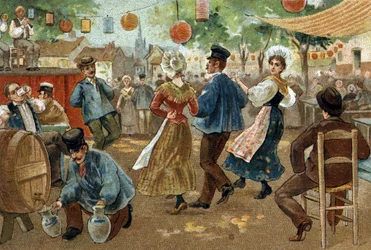 Old custom celebrated in the region of Flanders: Flemish Fair. Chromolithography of the late 19th century