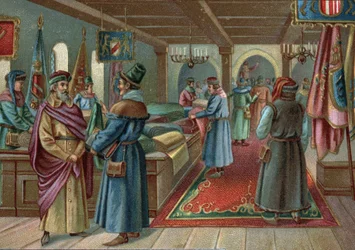 Old shopping centres: linen hall in Bruges, Belgium in the 15th century. Chromolithography of the late 19th century
