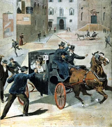 On 16 June 1894, in Rome, the anarchist Paolo Lega fired a revolver at Francesco Crispi, President of the Italian Council. Illustration of the period.
