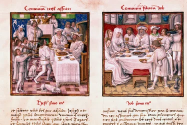 On the Left the Feast of Assuerus 1st (Xerxes 1st). On the Right, the Feast of the Children of Job
