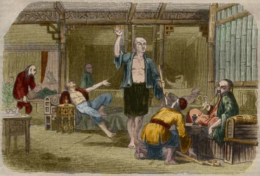 Opium Smokers in China in the Middle of the 19th Century. Engraving from 1857 in 