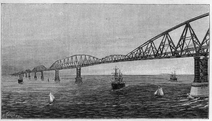 Overview of the Bridge over the Channel, project of a bridge crossing the Channel to connect France to England. Engraving in 
