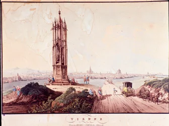 Overview of the city of Vienna with bridge crossing the Danube. Austria Engraving from 1800 Private Collection
