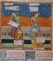 Page of a manuscript representing the allegories of Arithmetic and geometry