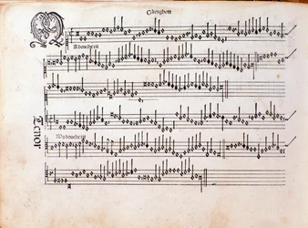 Page of musical score of Harmonice Musices Odhecaton by Ottaviano Petrucci (1501)