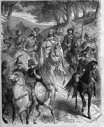 Passage of the Alps by Charlemagne (747-814), King of the Franks. Charlemagne submits the Lombards. Engraving in 