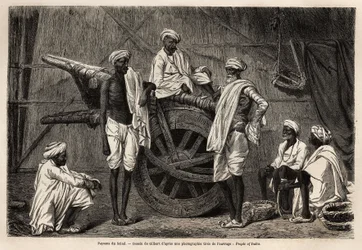 Peasants from Scind (Punjab Region, India), Next to Their Agricultural Machinery. Engraving to Illustrate the Voyage to Pandjab and Kashmir, Story by Guillaume Lejean, in 1866, Published in Le tour du monde, nouveau journal des voyages, under the directi