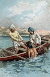 Pearl oyster fishermen in Ceylon. Chromolithography of the late 19th century