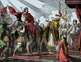 Pepin proclaimed King of the Franks - Consecration of Pepin the Short (714-768), Basilica of Saint-Denis, 28 July 754: Pope Stephen II consecrated him King of the Franks and Patrician of the Romans (Patricius Romanorum).