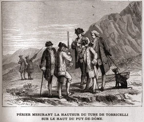 Perier measuring the height of the Barometer by Evangelista Torricelli on the top of the Puy-de-Dôme on September 20, 1618