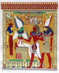 Pharaoh Merenptah 1st (or Mineptah, Merneptah) (1213-1204 BC) guided by Horus in the presence of Osiris and Athyr infernal. From the left: Athyr, Osiris, Merenptah I and Horus. (Biban-el-Moluk) - in 