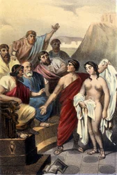 Phryne, Greek courtesan, before the judges of Athens